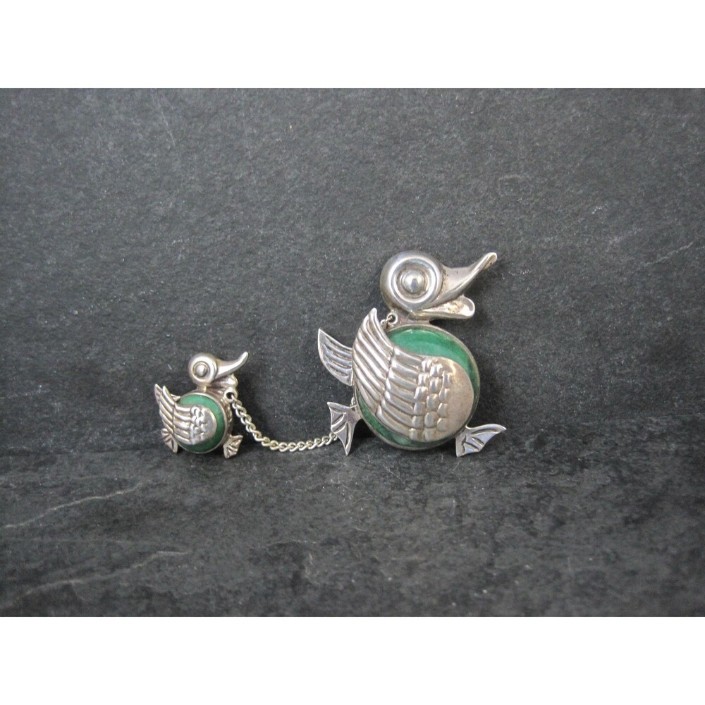 Vintage Sterling Green Calcite Mama Duck & Duckling Brooch Mexican Silver